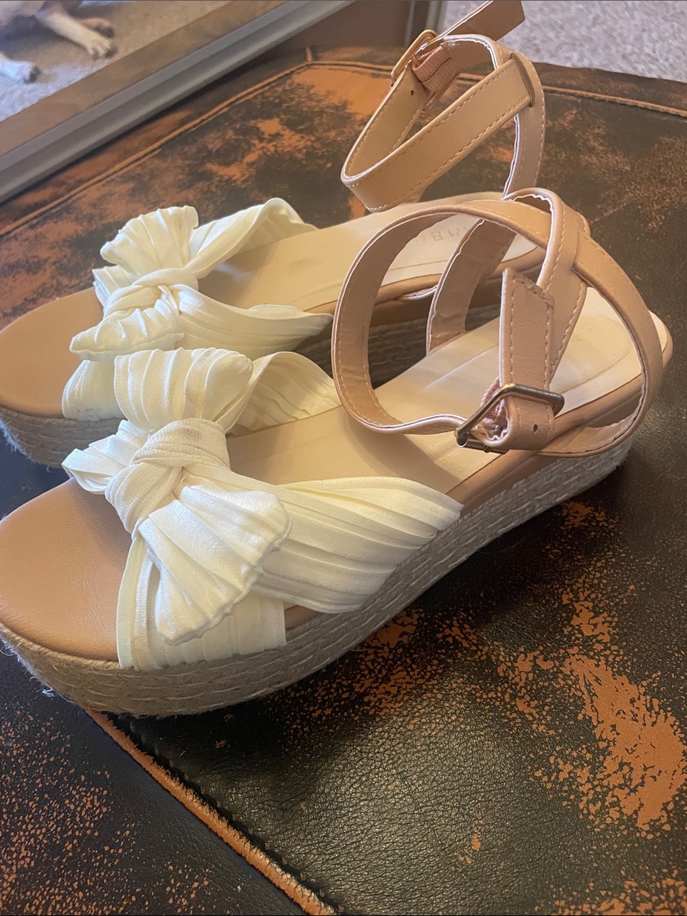 Women's Banboo Espadrille Platform Sandals with Bow - Cream & Tan